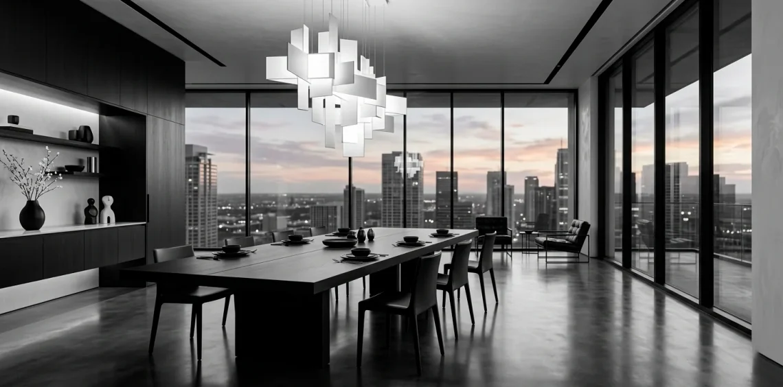 Modern monochrome dining room with black oak table and sculptural white lighting.