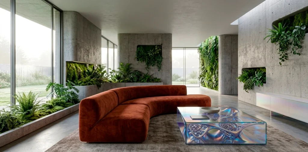 A luxurious 2026 living room showing eco-brutalist architecture, sunset gradients, and curved furniture.
