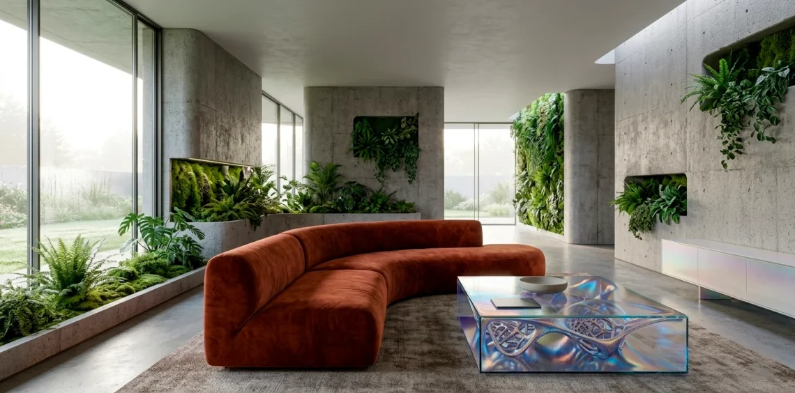 A luxurious 2026 living room showing eco-brutalist architecture, sunset gradients, and curved furniture.