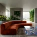 A luxurious 2026 living room showing eco-brutalist architecture, sunset gradients, and curved furniture.