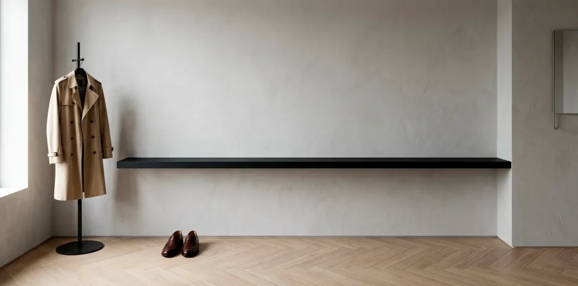 Sleek midnight black floating shelf in a minimalist small entryway with oak floors.