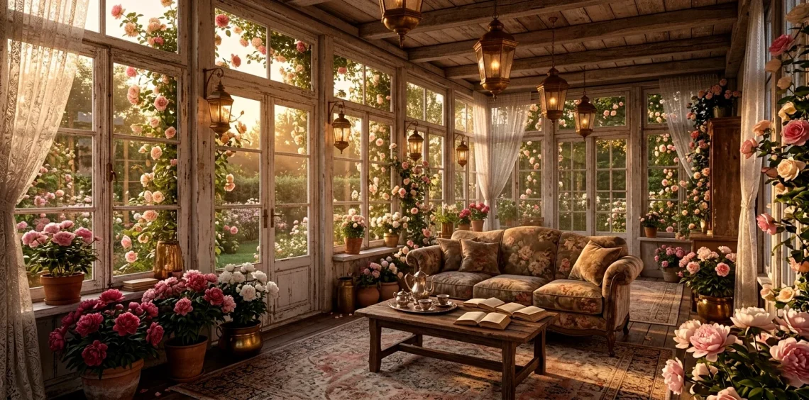 Wide landscape of a romantic vintage sunroom with floral decor, wicker furniture, and warm golden hour light.