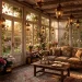 Wide landscape of a romantic vintage sunroom with floral decor, wicker furniture, and warm golden hour light.