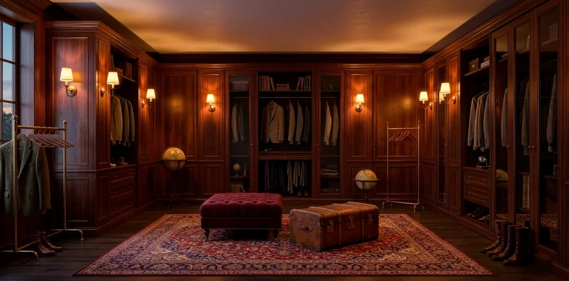 Luxurious dark academia dressing room with mahogany wardrobes and warm vintage lighting.