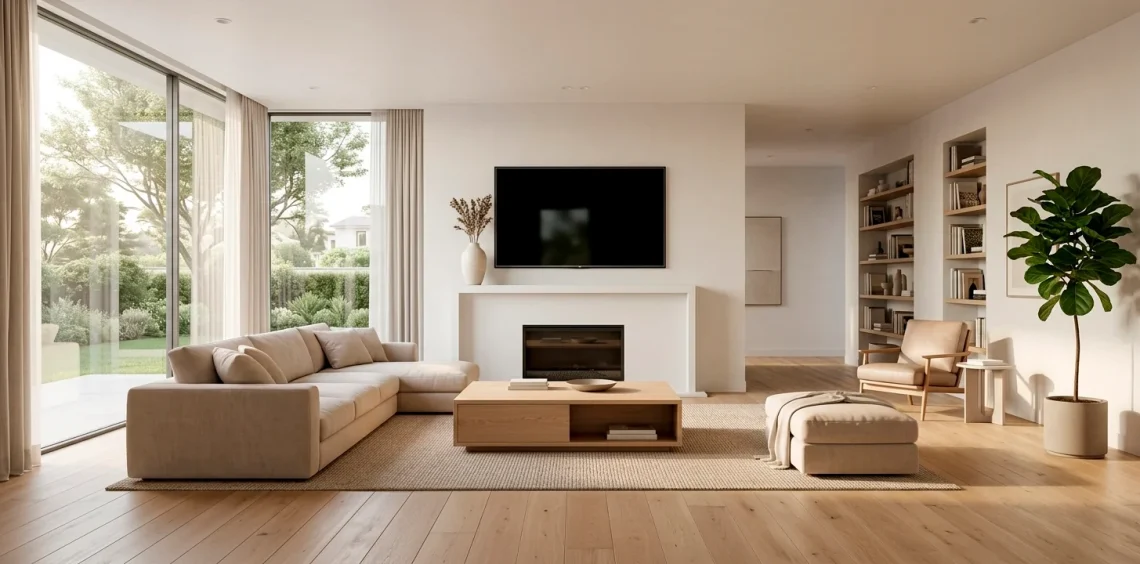 Minimalist living room with wall-mounted TV over a white mantle decorated with simple ceramic vase.