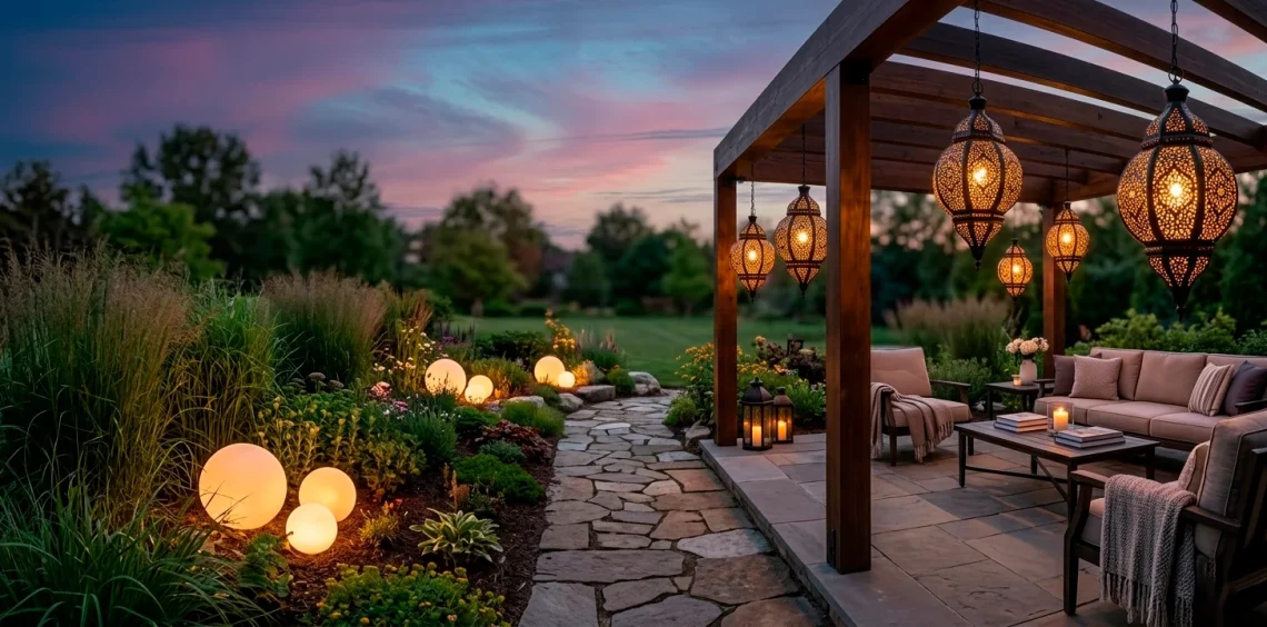 A peaceful backyard at twilight featuring glowing orb floor lights and hanging Moroccan lanterns on a pergola.
