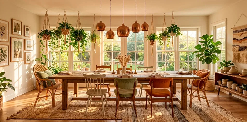 Wide shot of a boho dining room featuring reclaimed wood, jute rugs, velvet chairs, and hanging plants.