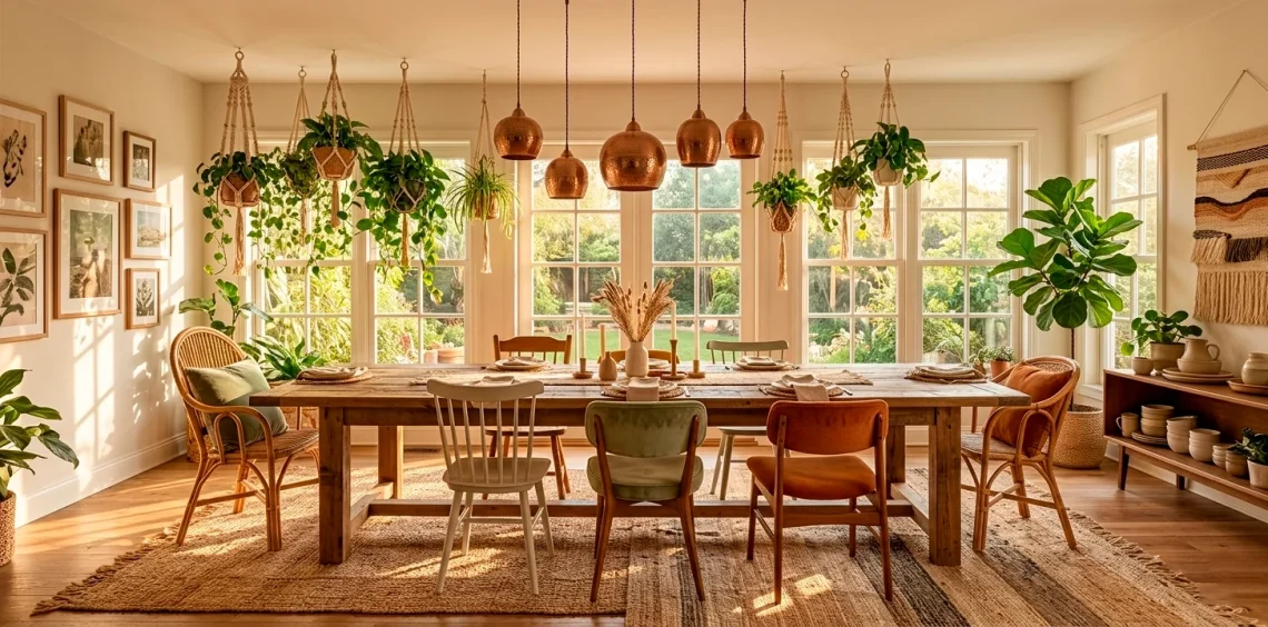 Wide shot of a boho dining room featuring reclaimed wood, jute rugs, velvet chairs, and hanging plants.