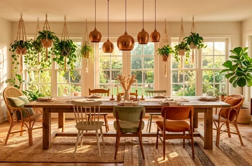 Wide shot of a boho dining room featuring reclaimed wood, jute rugs, velvet chairs, and hanging plants.