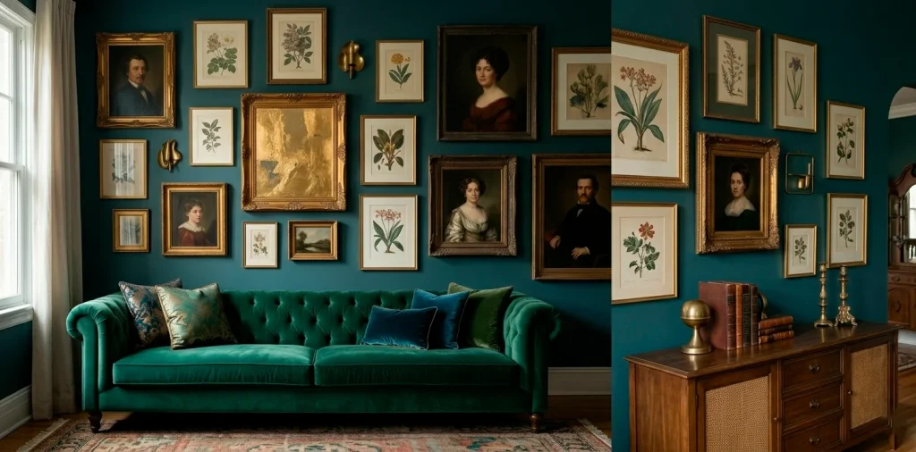 Eclectic vintage gallery wall with gold frames and brass accents above a green velvet sofa in a bright room.