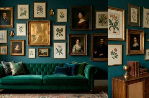 Eclectic vintage gallery wall with gold frames and brass accents above a green velvet sofa in a bright room.