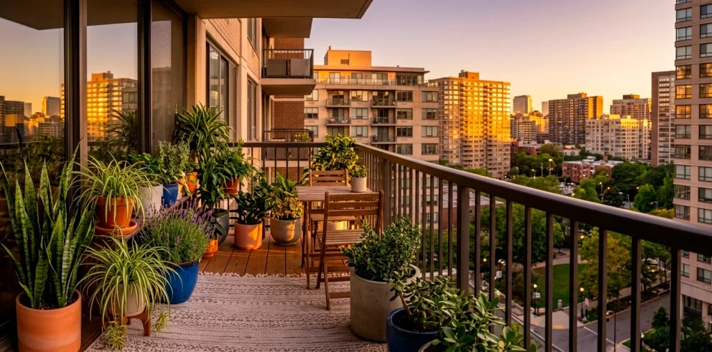 Lush urban balcony filled with hardy green plants and cozy furniture during golden hour.