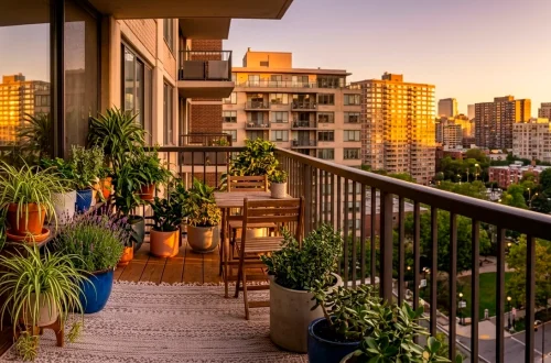 Lush urban balcony filled with hardy green plants and cozy furniture during golden hour.