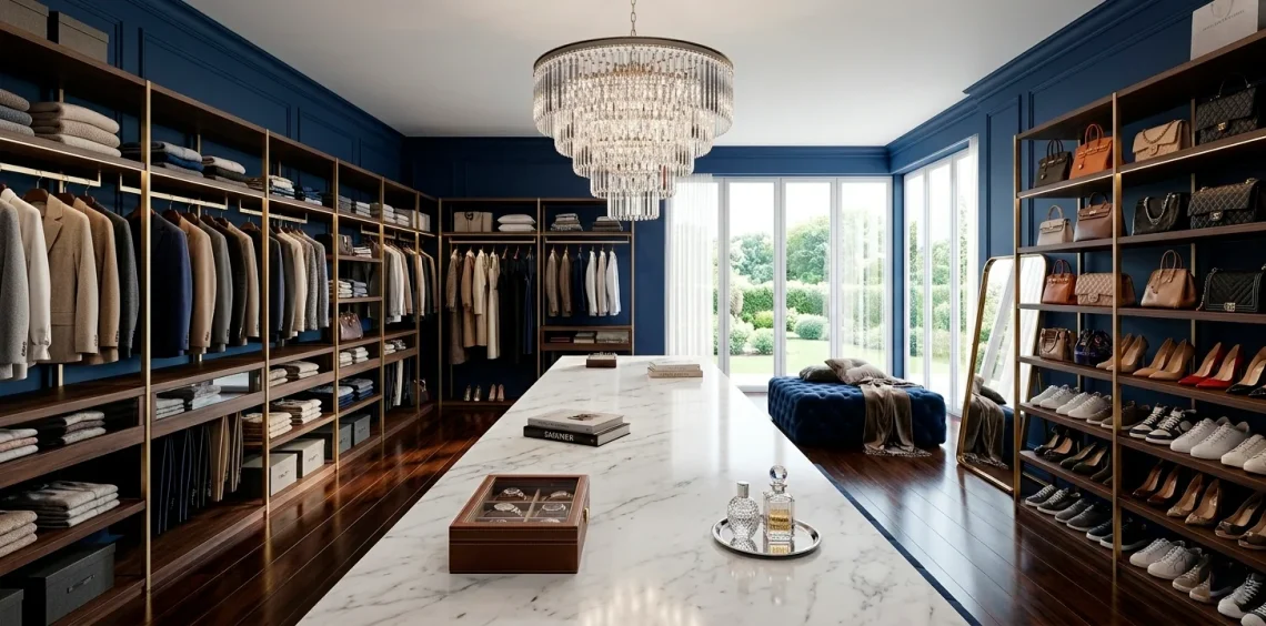 Sophisticated navy blue walk-in closet with marble island and crystal chandelier luxury interior.