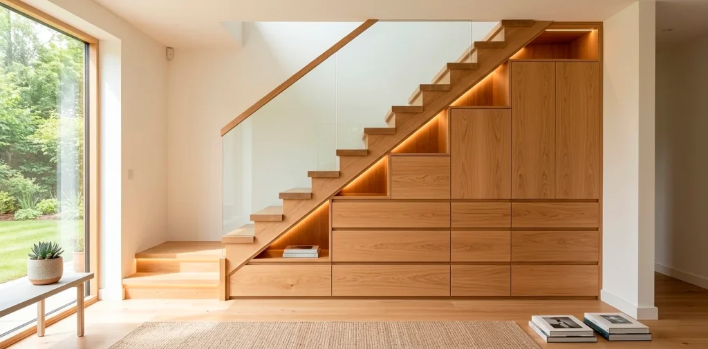 Modern Scandinavian home featuring integrated oak under-stair storage drawers and warm LED lighting.