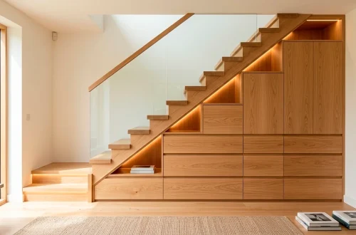 Modern Scandinavian home featuring integrated oak under-stair storage drawers and warm LED lighting.