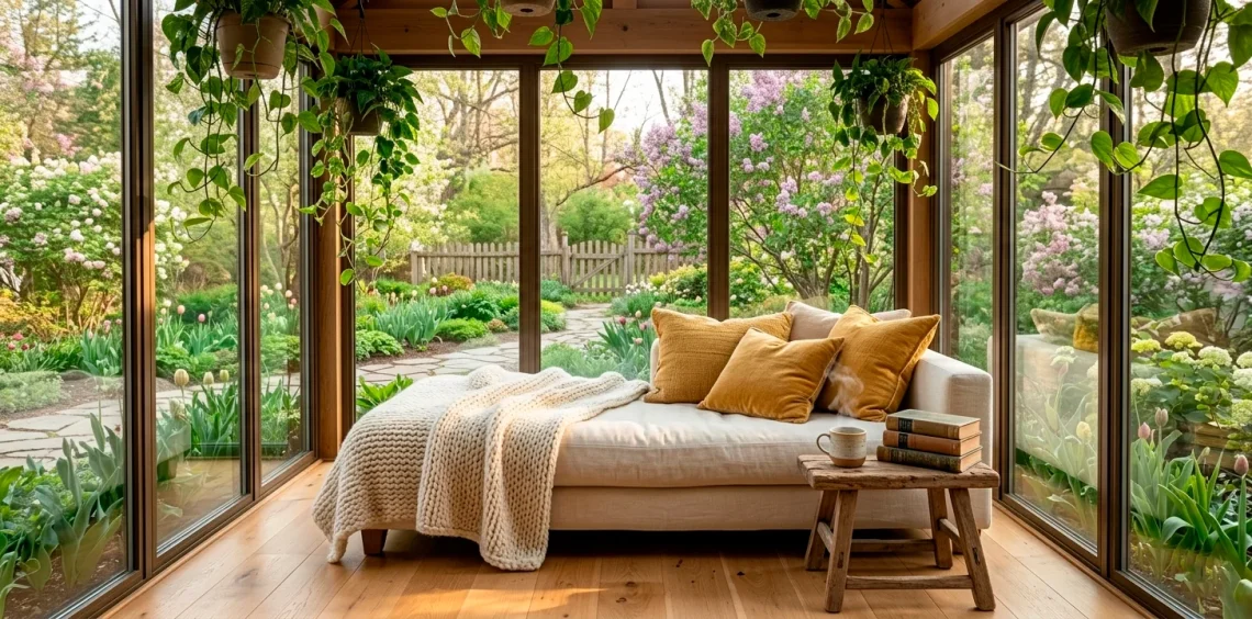 Cozy tiny sunroom with floor to ceiling windows, linen daybed, and hanging plants in soft afternoon sunlight.
