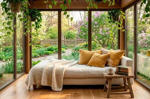 Cozy tiny sunroom with floor to ceiling windows, linen daybed, and hanging plants in soft afternoon sunlight.