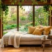 Cozy tiny sunroom with floor to ceiling windows, linen daybed, and hanging plants in soft afternoon sunlight.