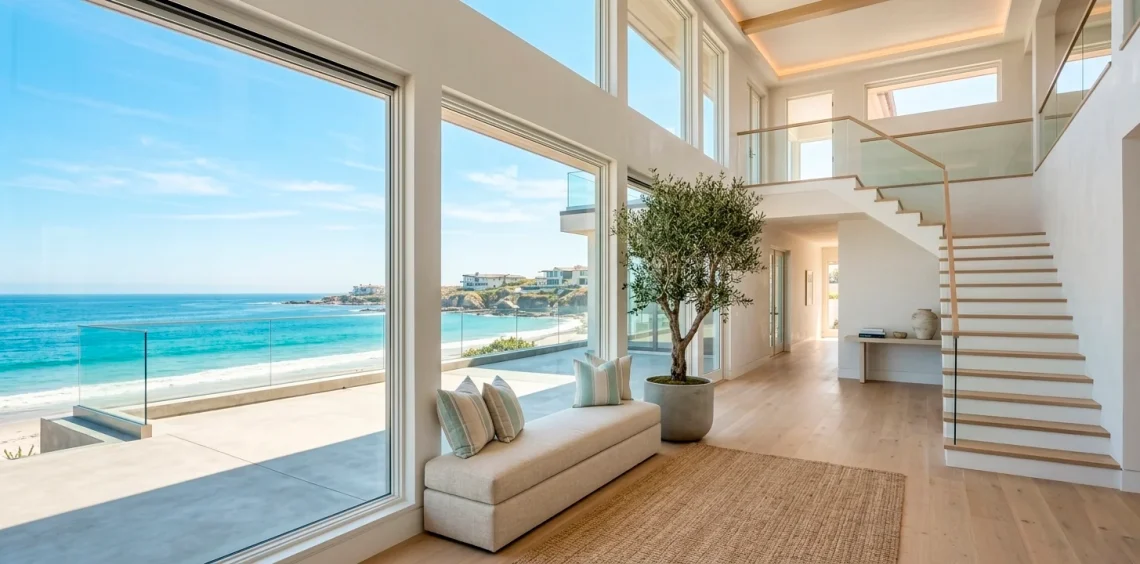 Luxurious light and airy coastal staircase with white risers, light wood treads, and sun-drenched entryway decor.
