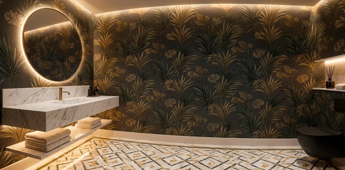 Luxurious small powder room with floating marble vanity, backlit mirror, and dark botanical wallpaper in a wide shot.