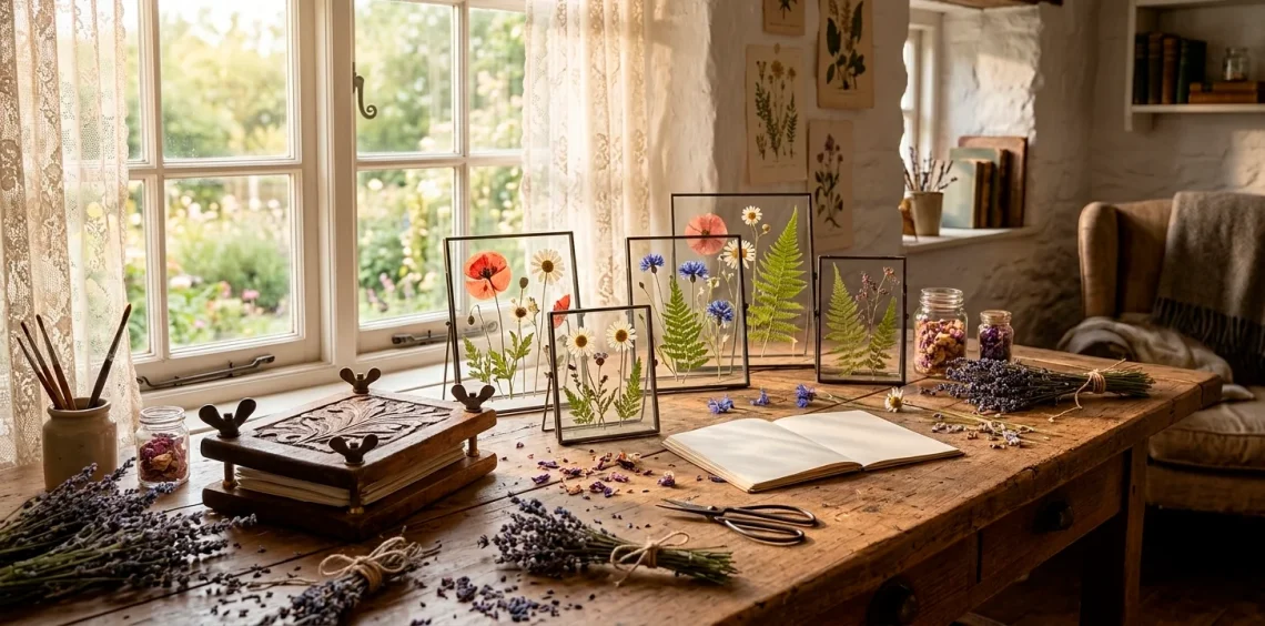 Cozy cottage studio with pressed flower art frames and a wooden flower press on a workbench.