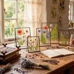 Cozy cottage studio with pressed flower art frames and a wooden flower press on a workbench.