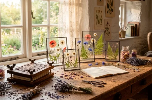 Cozy cottage studio with pressed flower art frames and a wooden flower press on a workbench.