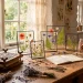 Cozy cottage studio with pressed flower art frames and a wooden flower press on a workbench.