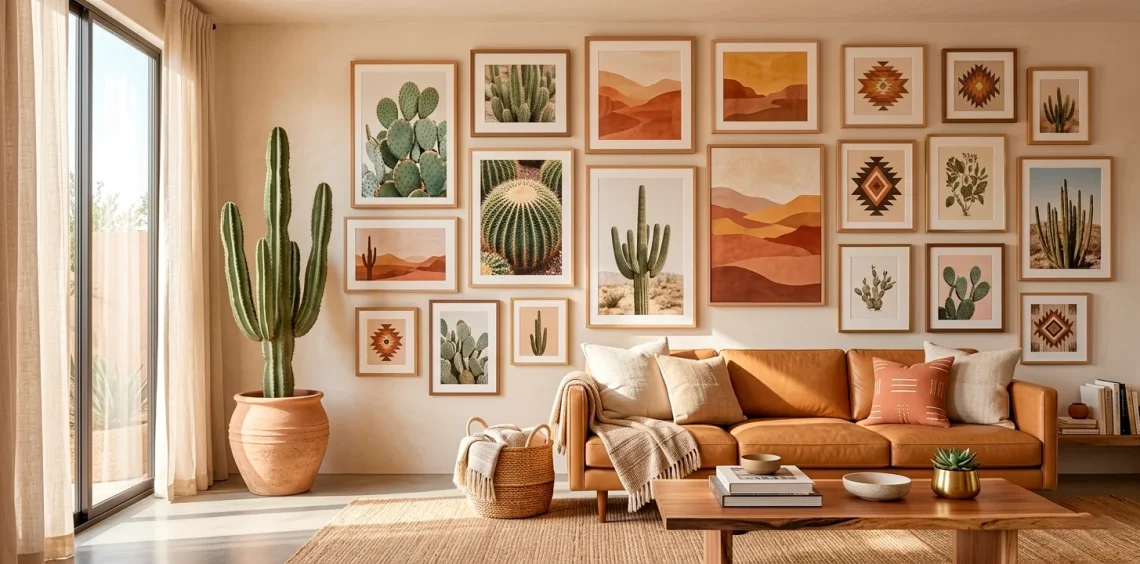 Wide view of a Desert Modern living room featuring a curated gallery wall and earthy decor.