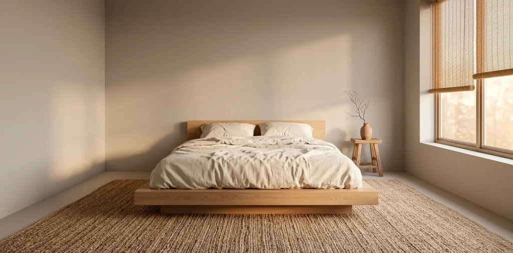 Wide panoramic view of a minimalist Japandi bedroom with low wooden bed and warm neutral tones.