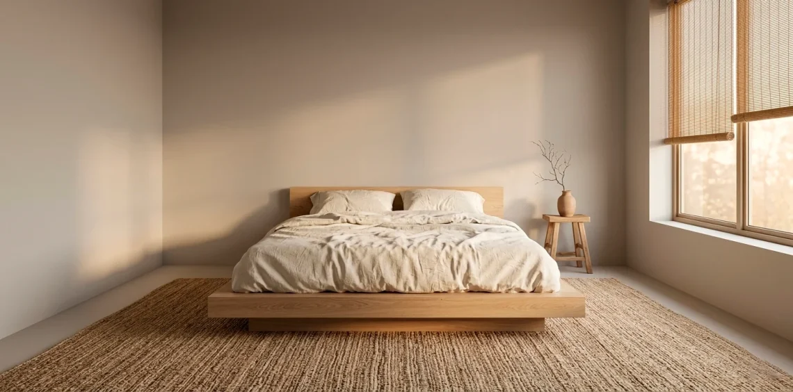 Wide panoramic view of a minimalist Japandi bedroom with low wooden bed and warm neutral tones.