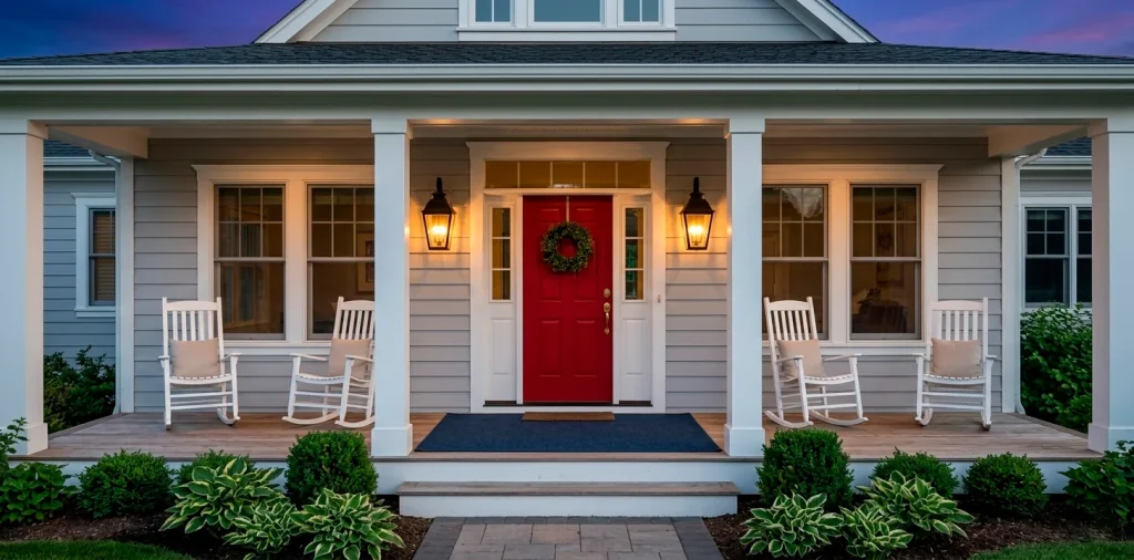 Wide landscape shot of a modern Americana porch with a red door, white trim, and navy accents at sunset.