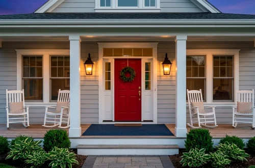 Wide landscape shot of a modern Americana porch with a red door, white trim, and navy accents at sunset.