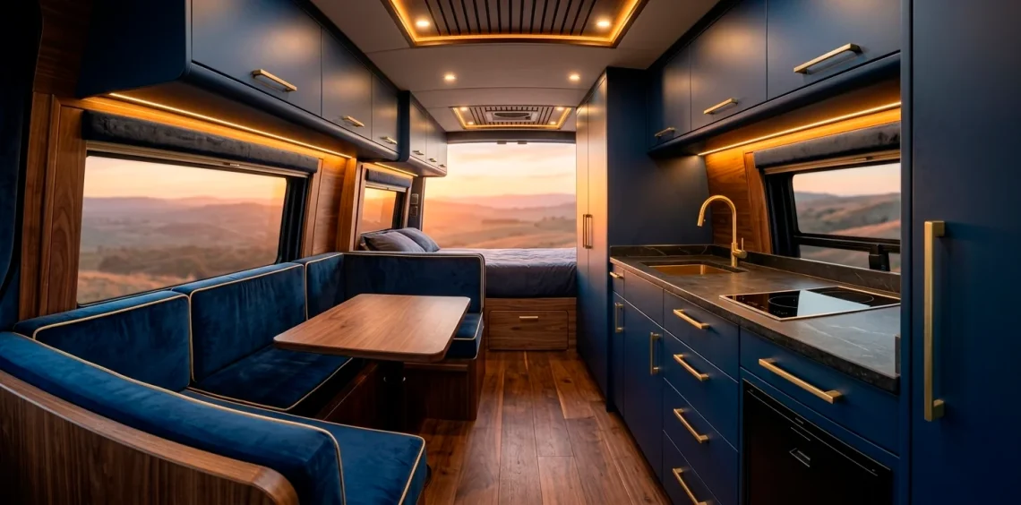 Luxurious Sprinter van interior with moody navy cabinets and elegant gold hardware at sunset.
