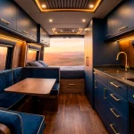 Luxurious Sprinter van interior with moody navy cabinets and elegant gold hardware at sunset.