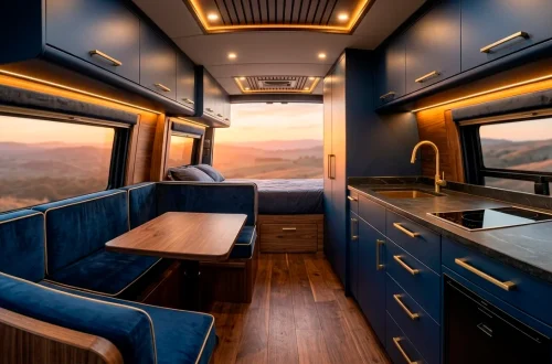Luxurious Sprinter van interior with moody navy cabinets and elegant gold hardware at sunset.