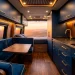 Luxurious Sprinter van interior with moody navy cabinets and elegant gold hardware at sunset.