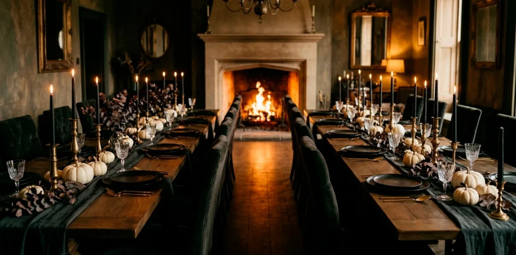 Sophisticated Halloween dining room with black candles, white pumpkins, and gold table settings.
