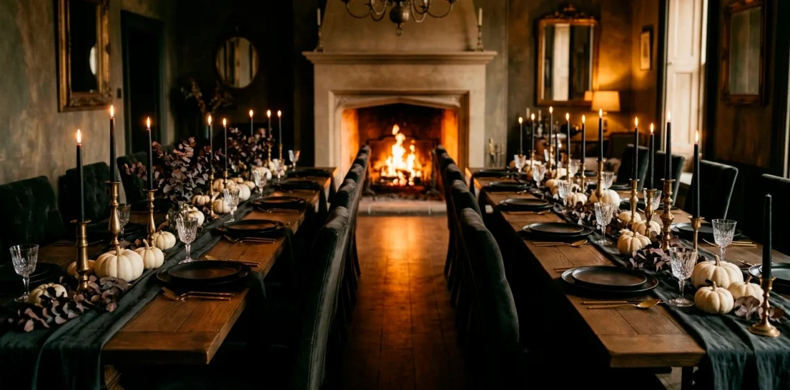 Sophisticated Halloween dining room with black candles, white pumpkins, and gold table settings.