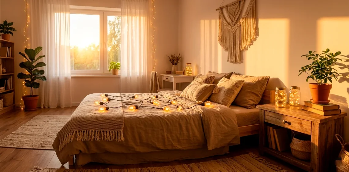 Cozy summer bedroom with warm fairy lights, linen bedding, and bohemian decor in golden hour light.