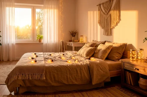 Cozy summer bedroom with warm fairy lights, linen bedding, and bohemian decor in golden hour light.