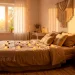Cozy summer bedroom with warm fairy lights, linen bedding, and bohemian decor in golden hour light.