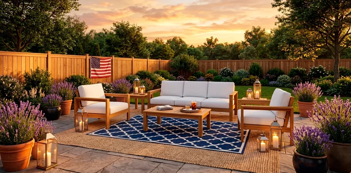 Wide shot of a decorated patio with layered outdoor rugs in navy and jute for a Memorial Day celebration.