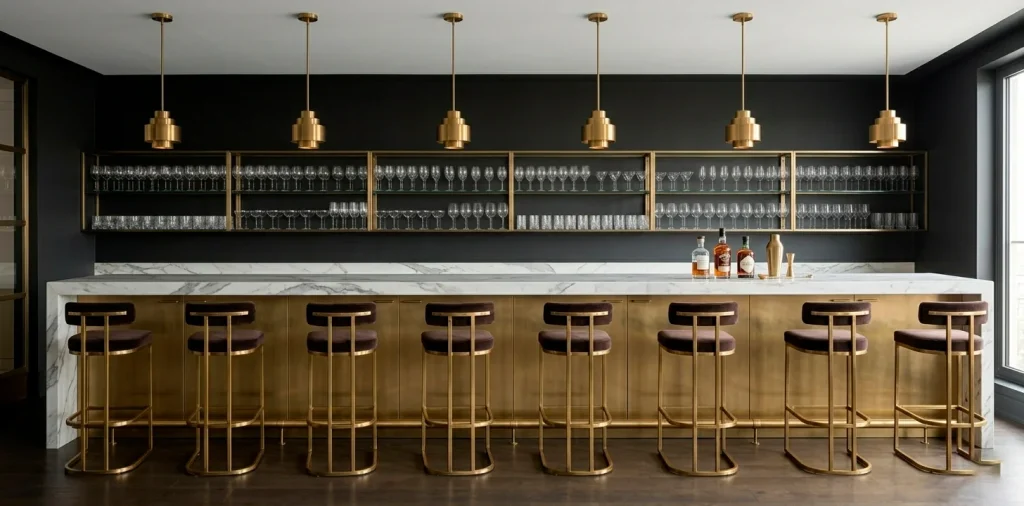 A luxurious home bar featuring white marble countertops and brushed brass accents in a modern setting.
