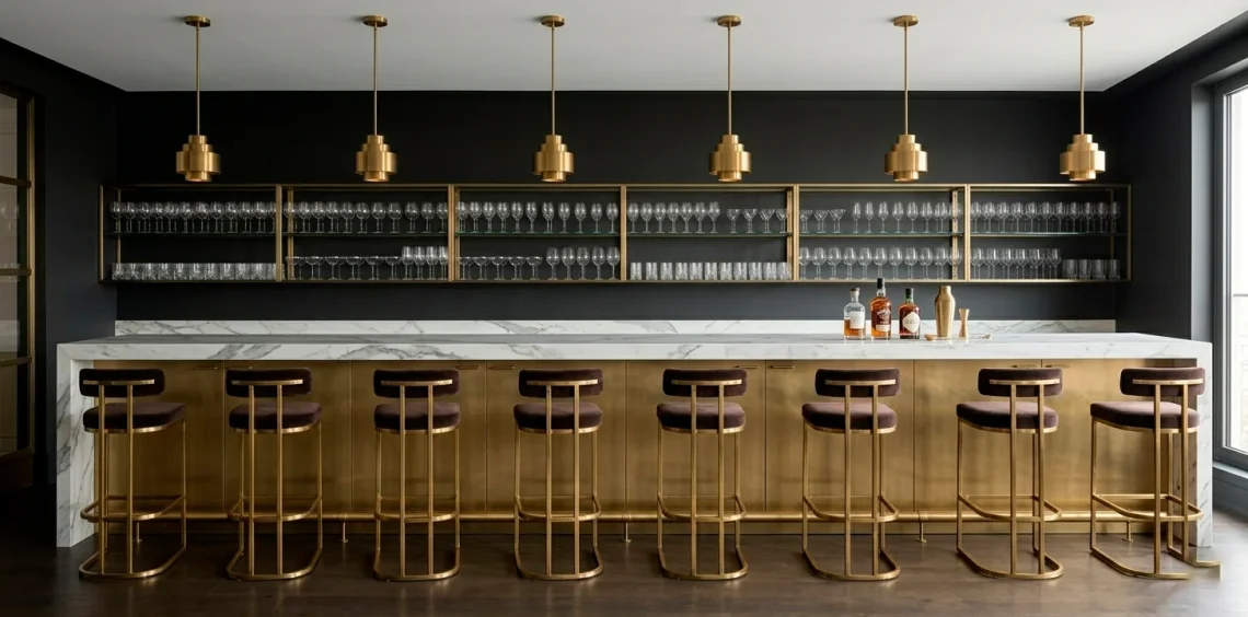 A luxurious home bar featuring white marble countertops and brushed brass accents in a modern setting.