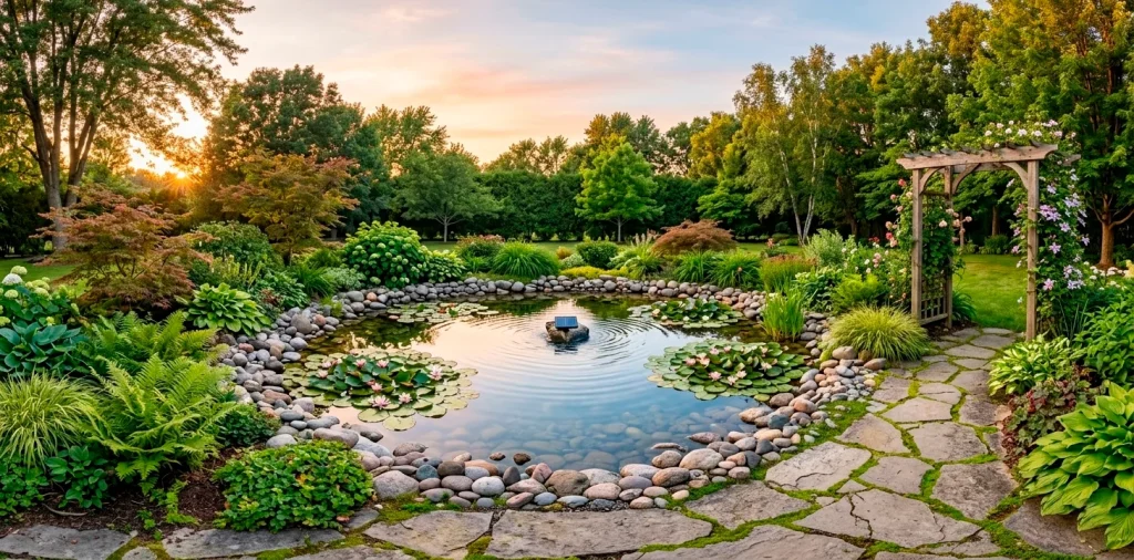 A serene backyard featuring a small DIY garden pond with a solar fountain at sunset.