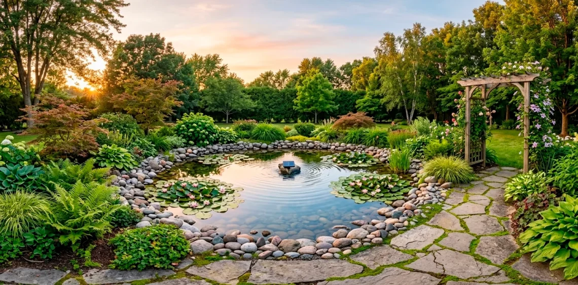A serene backyard featuring a small DIY garden pond with a solar fountain at sunset.