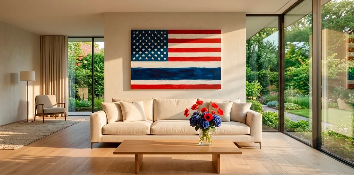 Minimalist modern living room featuring DIY patriotic wall art and subtle Memorial Day decorations in a bright space.