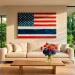 Minimalist modern living room featuring DIY patriotic wall art and subtle Memorial Day decorations in a bright space.